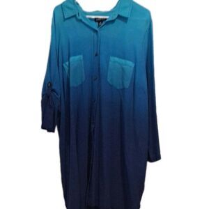 Lands' End Ombre Tunic Women 2X 20/22 Blue Gradient Cotton Roll Tab Sleeve Shirt